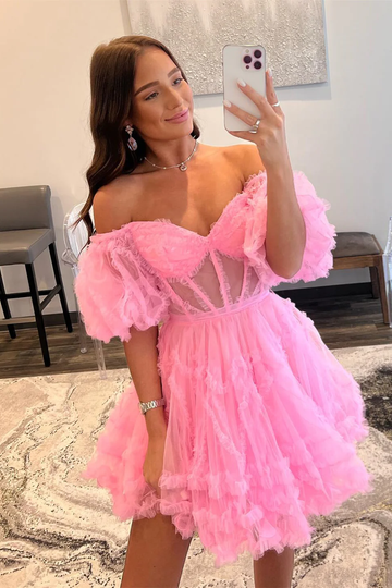 Pink Off-the-Shoulder Ruffles Puff Sleeves Homecoming Dress,Party Dress HZ1023